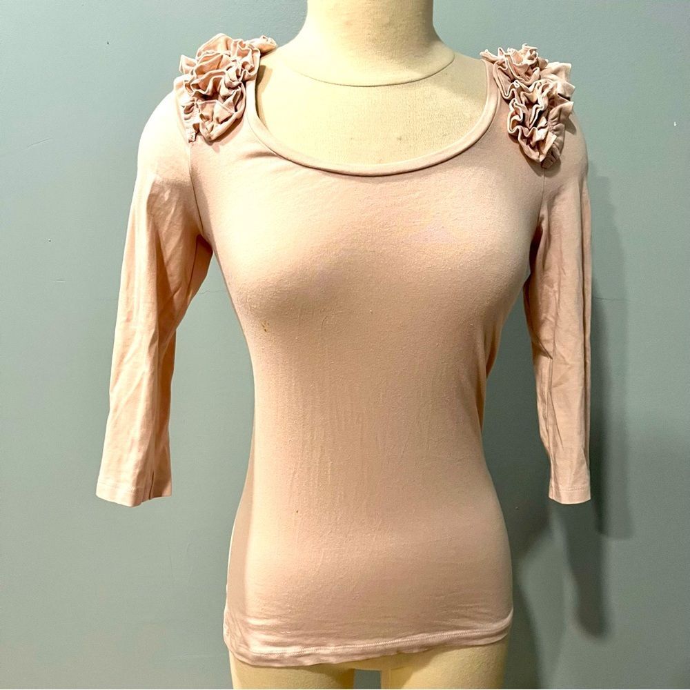 H&M Blush Pink Ruffle Floral Shoulder Scoop Neck 3/4 Sleeve Top Size Small